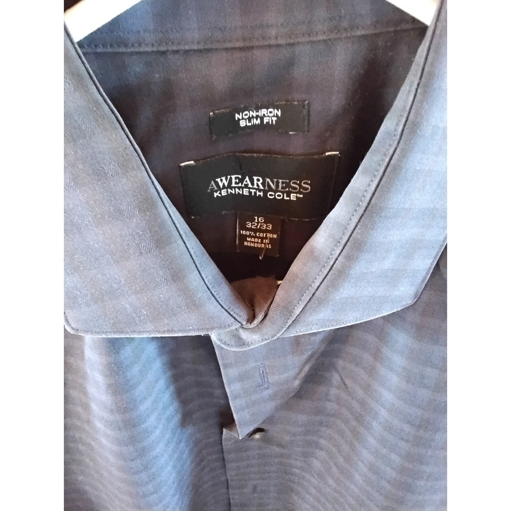 Awearness Kenneth Cole Mens Dress Shirt 16 32/33 Blue Non-Iron Slim Fit Cotton - Picture 2 of 4
